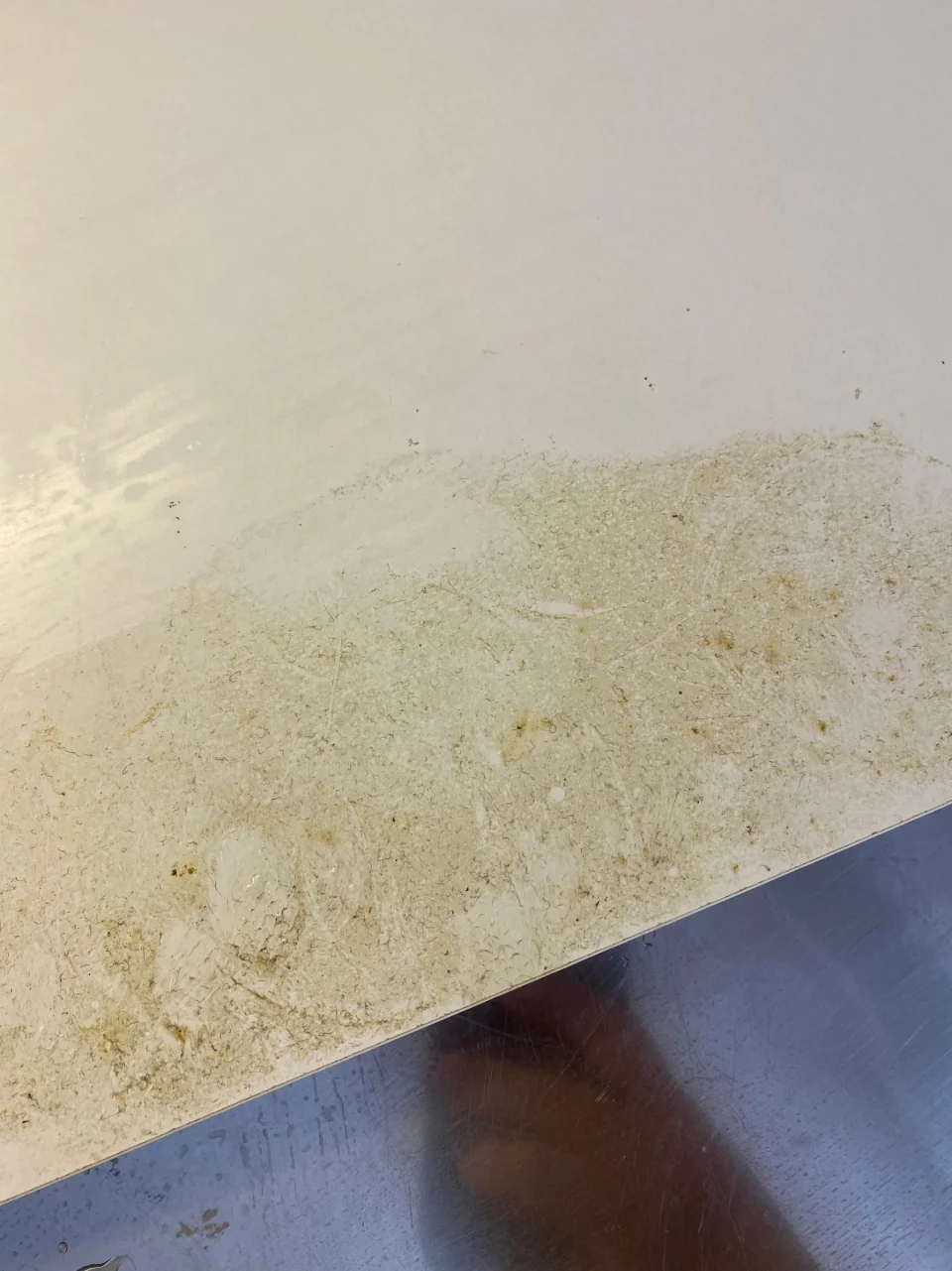 Close-up of grime on a white kitchen panel