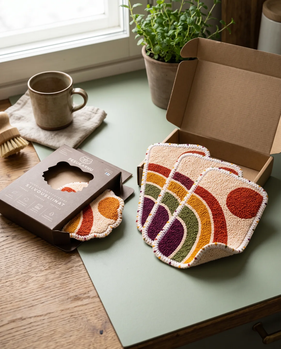 Patterned Pesukarhu home set with an open box and retail packaging on a sage-green worktop