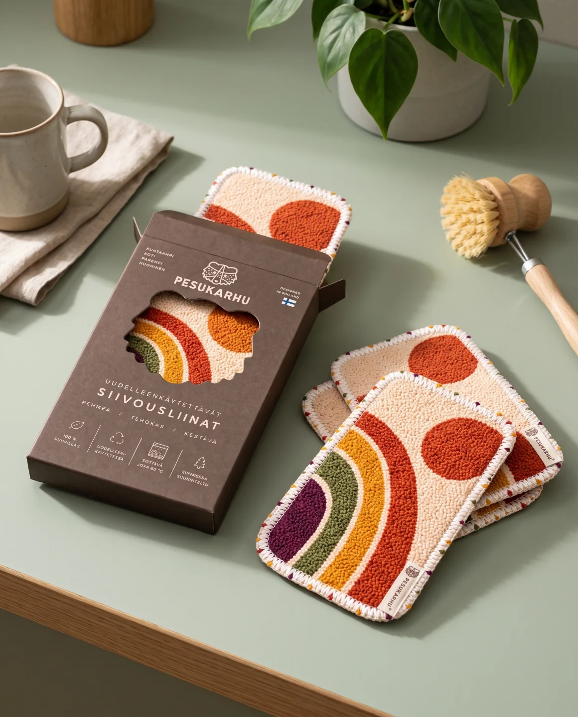 Patterned Pesukarhu kitchen pads and their packaging beside a dish brush on a sage-green worktop