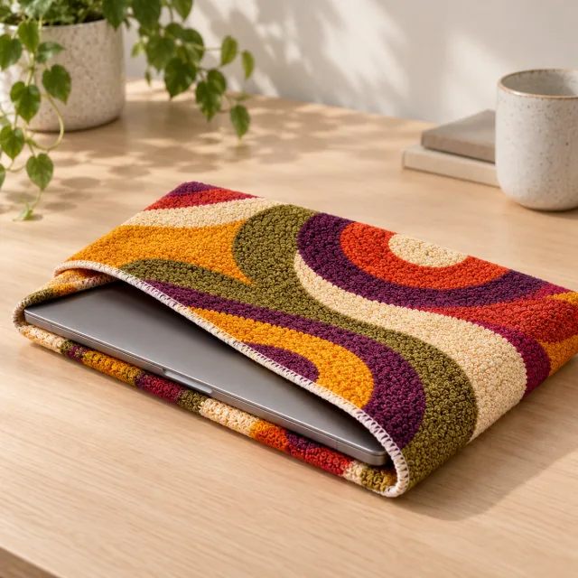 Laptop protected by a patterned Pesukarhu cotton sleeve on a wooden desk