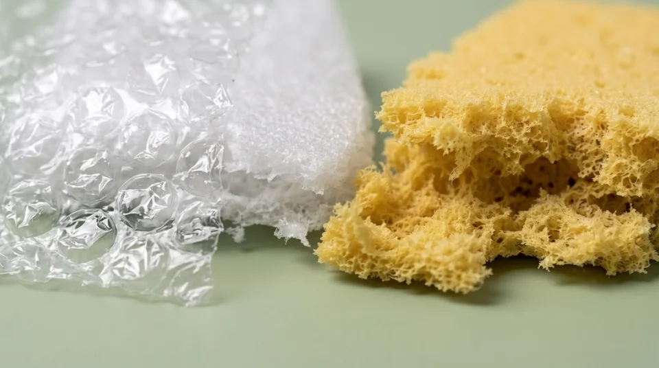 Torn synthetic packaging foam showing its cellular structure
