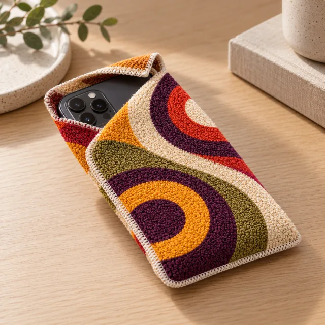 Phone inside a patterned Pesukarhu cotton sleeve that can be reused as a utility pad