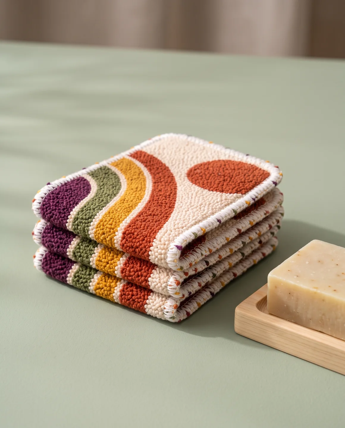 Folded Pesukarhu sauna pads beside a bar of soap on a wooden tray
