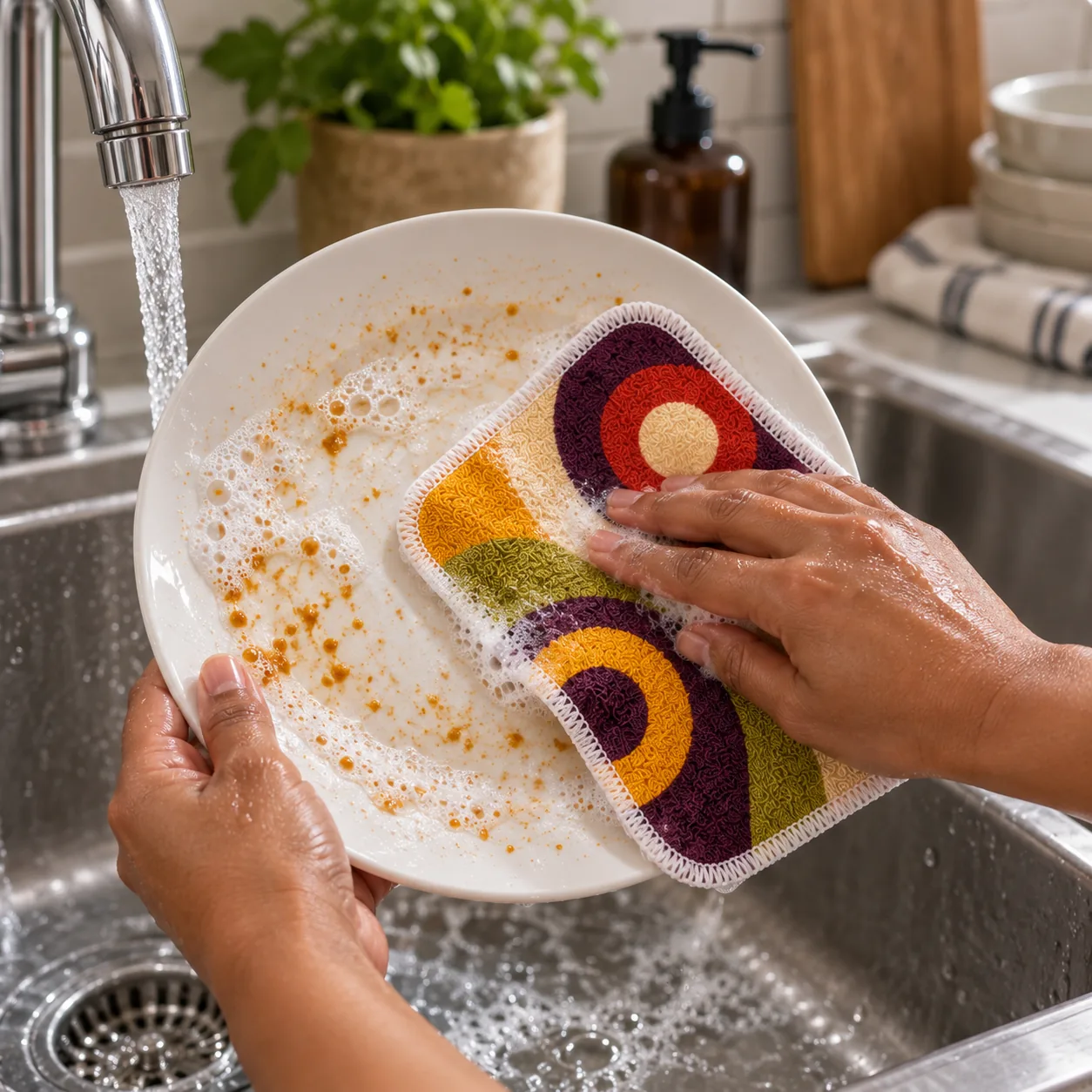 Pesukarhu pad washing a ceramic plate at the kitchen sink