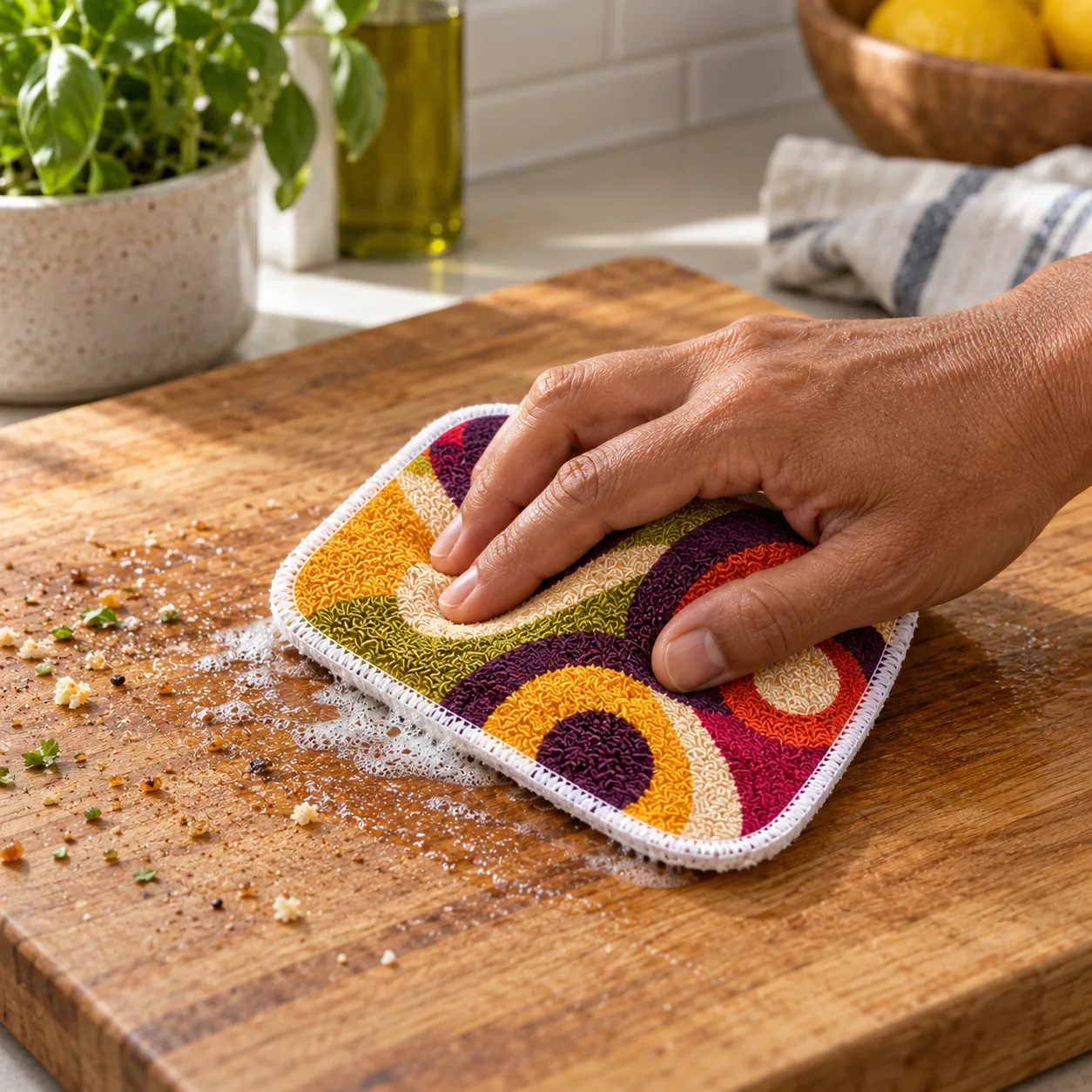 Pesukarhu pad cleaning food residue from a chopping board
