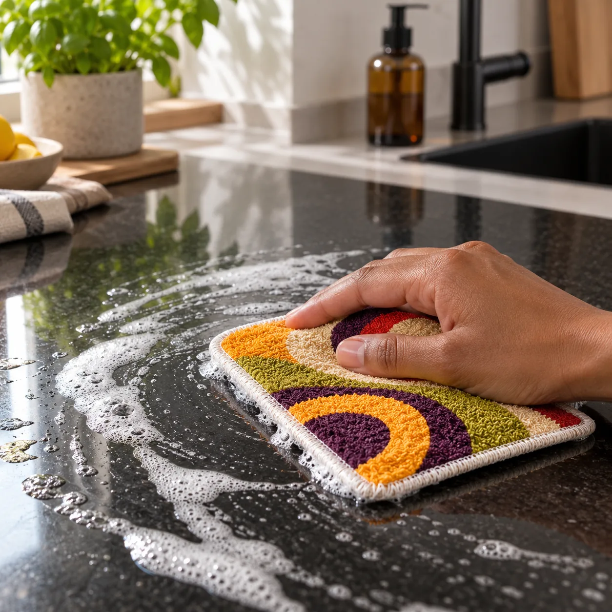 Pesukarhu pad cleaning a kitchen worktop