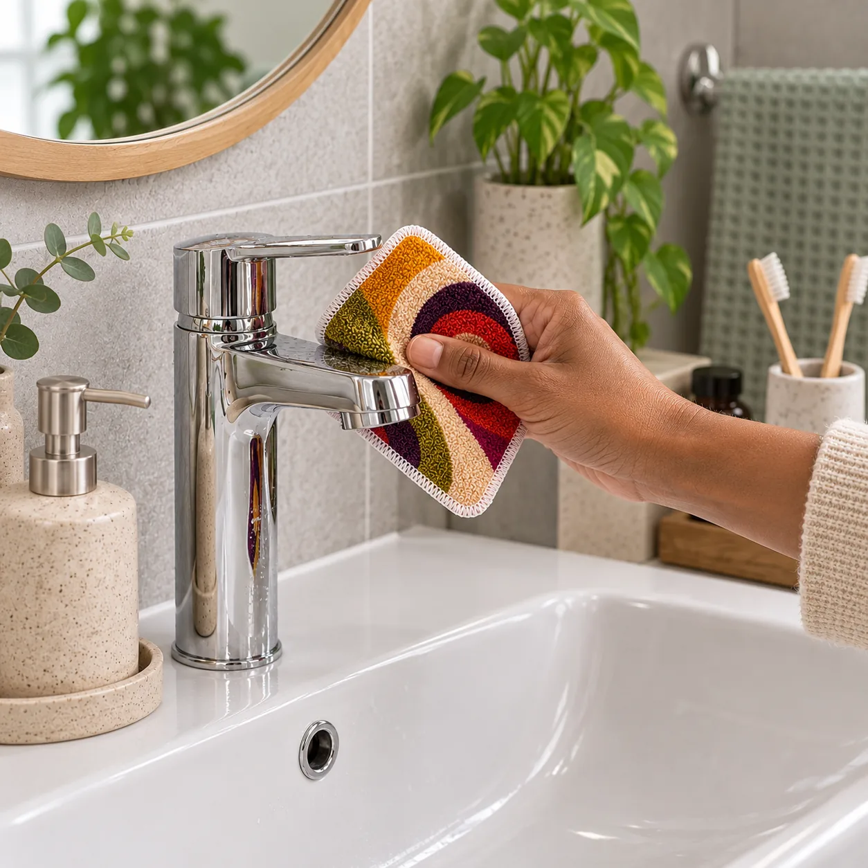 Pesukarhu pad cleaning around a bathroom tap