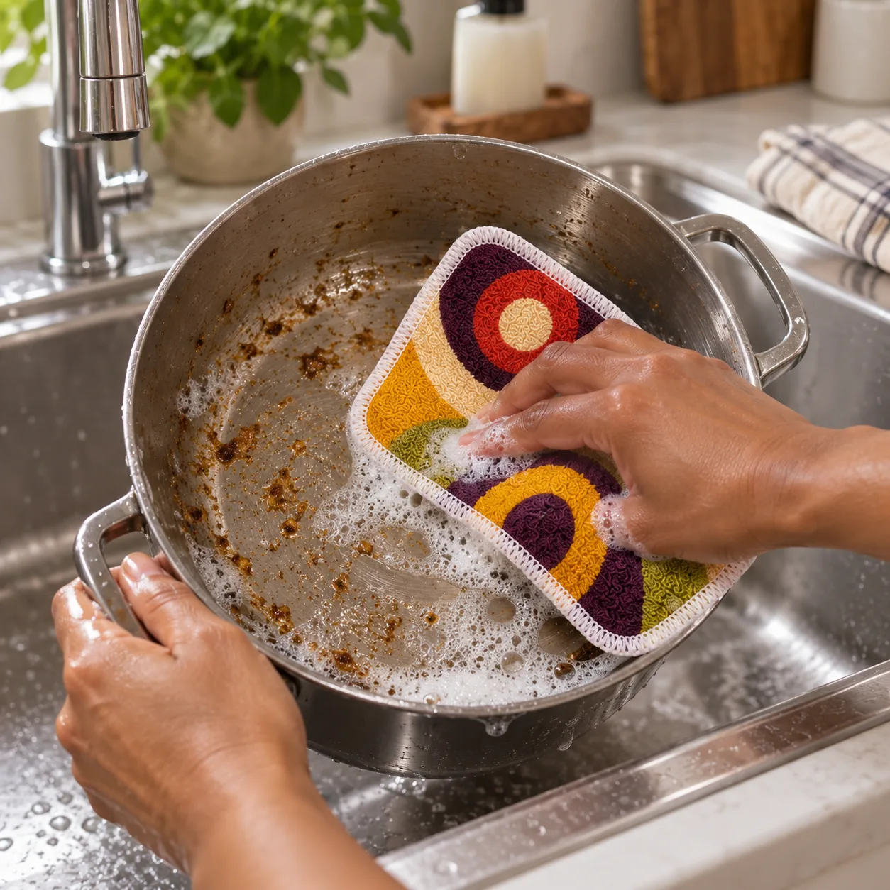 Pesukarhu pad washing food residue from a stainless-steel pan