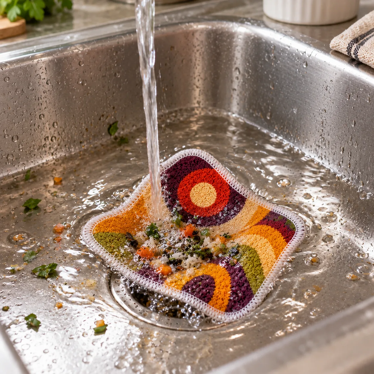 Pesukarhu pad gathering food scraps in a stainless-steel kitchen sink
