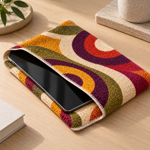 Tablet inside a precision-fit Pesukarhu cotton sleeve on a wooden desk